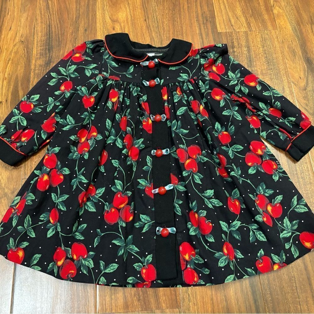 Rare Editions vintage black/red apple long sleeve collared button down dress